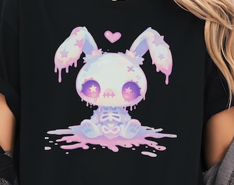 Kawaii Gothic Kaninchen T-Shirt mit einem gruseligen niedlichen Kaninchen Design, Y2K Ästhetisches Gruseliges T-Shirt und Pastell Goth Geschenk für Harajuku & Yami Kawaii Fans