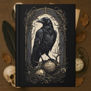 Hardcover Raven Journal for Witchy Women Into Dark Academia & Gothic Aesthetics, Occult Skull Notebook for Writers, Edgar Poe Inspired Gift