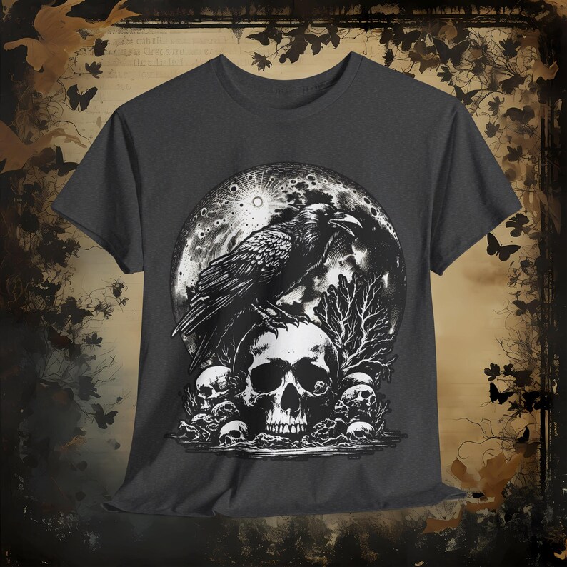 Gothic Raven Skull & Moon Shirt, Witchy Occult Tee, Dark Academia Top, Unique Crow Design, Dark Raven T-Shirt, Edgar Poe Gift for Reader