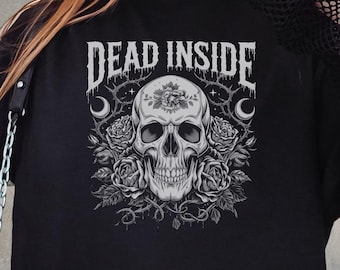 Gothic Dead Inside Skull T-Shirt, Alternative Goth Fashion, Skull & Roses Graphic Tee, Emo Clothing