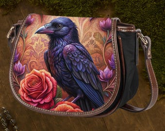 Gothic Raven Saddle Bag for Witchy Women into Edgar Poe, Dark Academia and Fantasy Aesthetics, Vintage PU Leather Crossbody Handbag Gift