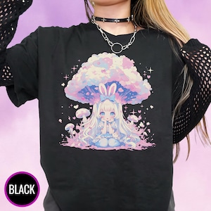 Camiseta gótica pastel kawaii, linda camiseta de conejito, top gráfico de hada harajuku, estilo hongo en forma de nube, regalo inspirado en anime grunge suave para ella