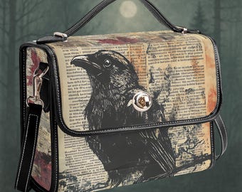 Gothic Raven Satchel Bag for Witchy Women into Edgar Poe, Dark Academia and Fantasy Aesthetics, Vintage PU Leather Crossbody Handbag Gift