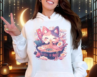 Ramen Cat Hoodie, Pastel Goth Hooded Sweatshirt, Yami Kawaii Top, Alt Clothing, Japanese Foodies Gift, Ramen & Cat Lover Top - Kawaii Kitty