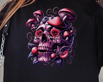 Gothic Skull Mushroom T-Shirt, Dark Botanical Occult Art Tee, Witchy Fashion