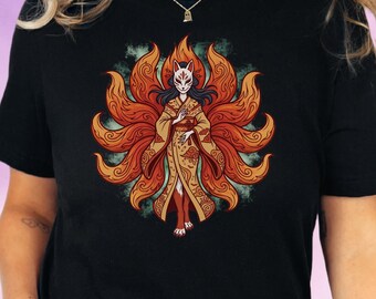 Kawaii Nine Tails T-Shirt, Anime Kitsune Fox Spirit Graphic Tee, Harajuku Streetwear, Unisex Fit