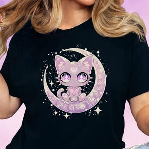 Pastel Goth Kawaii Moon Cat Shirt, Cute Graphic T-Shirt for Witchy & Harajuku Aesthetics image 7