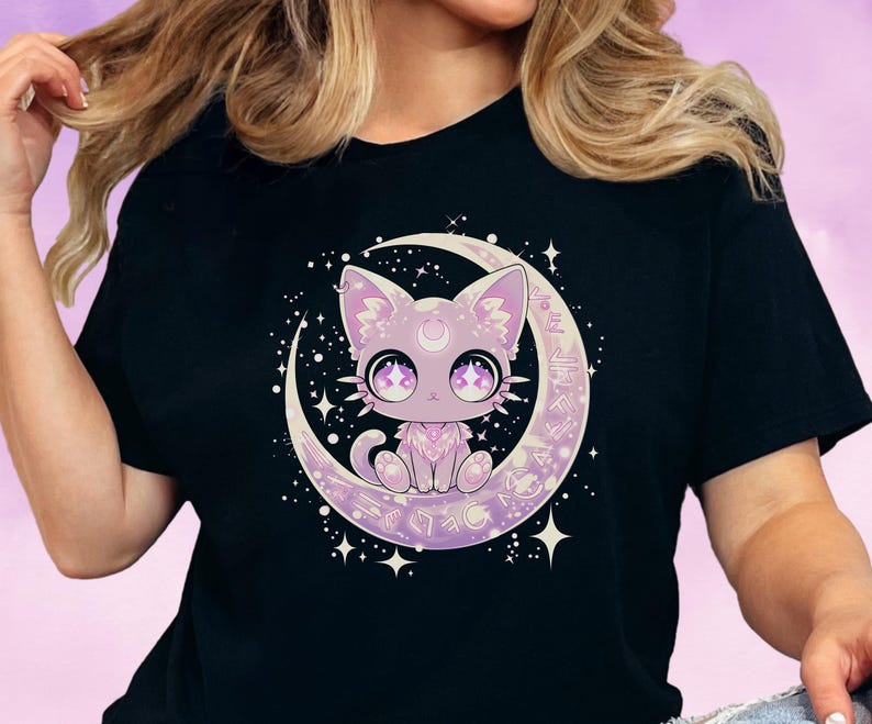 Pastel Goth Kawaii Moon Cat Shirt, Cute Graphic T-Shirt for Witchy & Harajuku Aesthetics image 7