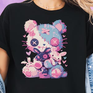 Pastel Goth Teddy Bear T-Shirt, Harajuku Patchwork Bear Tee, Gothic Bunny Design Shirt, Kawaii Aesthetic Creepy Cute Gift, Voodoo Bear Top