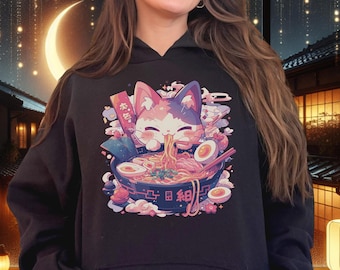 Ramen Cat Hoodie, Pastel Goth Hooded Sweatshirt, Yami Kawaii Top, Alt Clothing, Japanese Foodies Gift, Ramen & Cat Lover Top - Kawaii Kitty