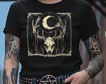 Gothic Deer Skull Shirt, Occult Moon Phase Design, Witchy Alt Tee, Dark Fantasy Fashion