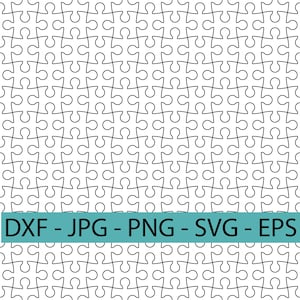 Puede incluir: Un patrón continuo de piezas de rompecabezas entrelazadas en blanco y negro. El diseño se repite en toda la imagen, creando un efecto de cuadrícula. El texto "DXF - JPG - PNG - SVG - EPS" se muestra sobre un fondo turquesa.