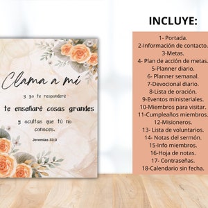 May include: Spiral-bound planner with floral accents and the text "Clama a mi" in script. The planner includes sections for daily and weekly planning, contacts, goals, and notes. The image also lists the planner's contents.