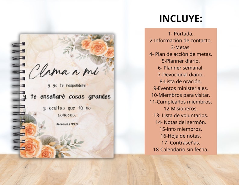May include: Spiral-bound planner with floral accents and the text "Clama a mi" in script. The planner includes sections for daily and weekly planning, contacts, goals, and notes. The image also lists the planner's contents.
