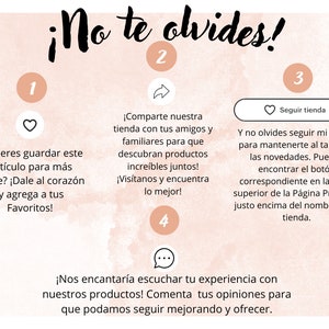 May include: A light pink background with the text "&iexcl;No te olvides!" in black script. The image includes numbered sections with instructions to save items, share the shop, follow the shop, and provide feedback.