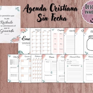 May include: A printable Christian agenda planner with floral designs. The planner includes sections for daily devotions, monthly goals, and a savings jar. The text on the cover reads "Agenda Cristiana Sin Fecha" and "Descarga Inmediata".