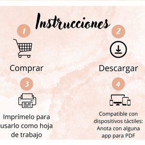 May include: A digital instruction guide with a watercolour background. The guide includes numbered steps with icons for buying, downloading, printing, and using on touch devices. Text in Spanish explains each step.