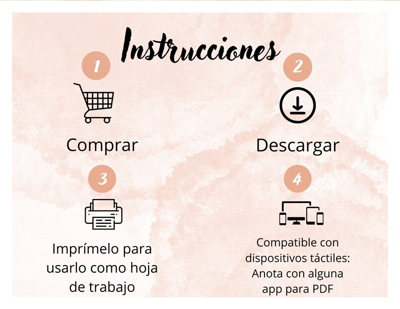 May include: A digital instruction guide with a watercolour background. The guide includes numbered steps with icons for buying, downloading, printing, and using on touch devices. Text in Spanish explains each step.