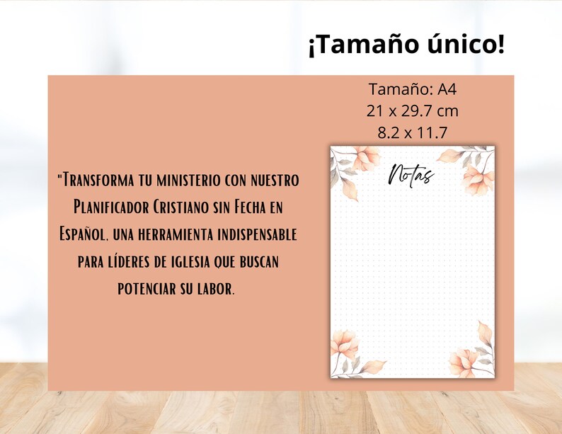 May include: A4 planner with floral designs and the word "Notas." The planner includes the text "TRANSFORMA TU MINISTERIO CON NUESTRO PLANIFICADOR CRISTIANO SIN FECHA EN ESPA&Ntilde;OL." Dimensions are 21 x 29.7 cm.
