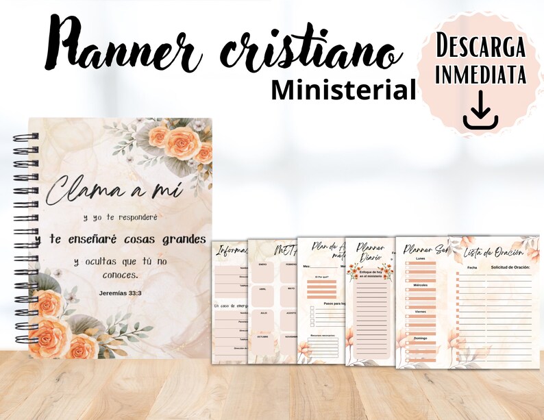 May include: A spiral-bound planner with floral accents and the text "Clama a mi" in Spanish. The planner includes various pages for planning and prayer, with the words "Descarga Inmediata" and "Ministerial" visible.