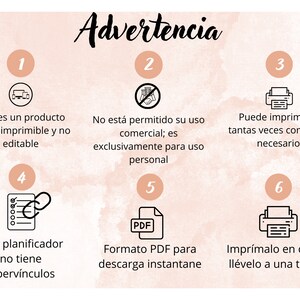 May include: A digital printable product with the word "Advertencia" at the top. The image includes numbered points with text in Spanish, such as "Este es un producto digital imprimible y no editable" and "Formato PDF para descarga instantane".