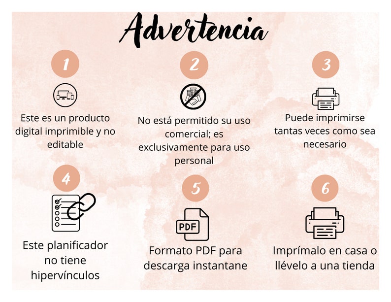 May include: A digital printable product with the word "Advertencia" at the top. The image includes numbered points with text in Spanish, such as "Este es un producto digital imprimible y no editable" and "Formato PDF para descarga instantane".