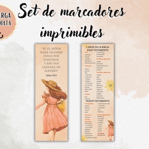 May include: A set of printable bookmarks featuring a colorful illustration of a girl in a pink dress and a straw hat. The bookmarks include a list of books in the Bible, with the Old Testament and New Testament listed separately.