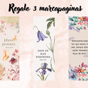 May include: Three floral bookmarks with inspirational quotes and text. The bookmarks feature watercolor illustrations of flowers, butterflies, and botanical elements. The text includes phrases like "Jehov&aacute; proveer&aacute;" and "DIOS ES MAS PODEROSO."