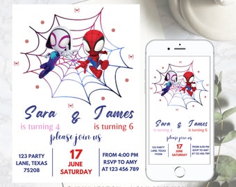 Spidey modifiable et ses amis incroyables Invitation d'anniversaire conjointe Spidey Double inviter frères combo fête inviter garçon fille téléchargement immédiat