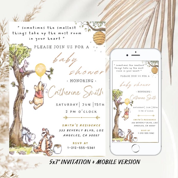 Editable Classic Winnie The Pooh And Friends Baby Shower Invitation, Gender Neutral Winnie Pooh Invitation, Pooh Invite, Printable Template