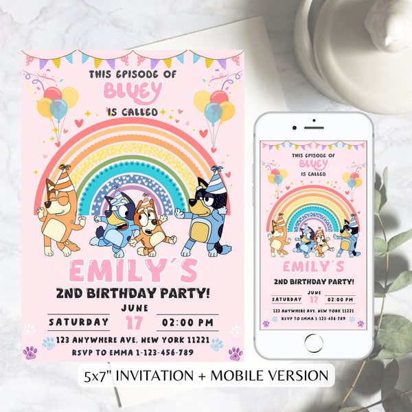 Faire-part d'anniversaire fille Bluey, chien bleu, invitation fille Bluey, fête d'anniversaire filles Bluey evite modèle imprimable modifiable Canva