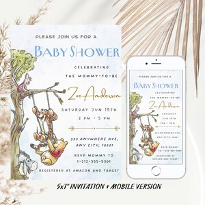 Editable Winnie The Pooh Baby Shower Invitation, Winnie Pooh Invitation, Pooh Evite, Digital Invitation Boy, Printable Template Canva