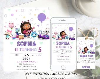Editable Gabby Dollhouse Birthday Invitation Digital, Gabby Dollhouse Invites, Thank You Tag, Digital Invitation, Girl's Birthday Party