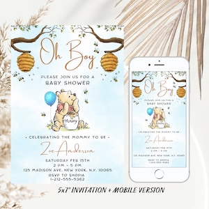 Editable Winnie The Pooh Baby Shower Invitation, Winnie Pooh Invitation, Oh Boy Pooh Invite, Blue Printable Template Instant Download