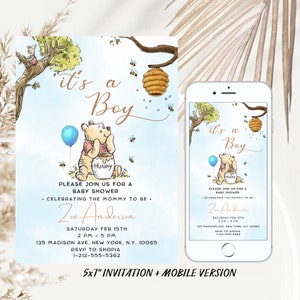 Editable Winnie The Pooh Baby Shower Invitation, Winnie Pooh Invitation, Its A Boy Pooh Invite, Blue Printable Template Instant Download