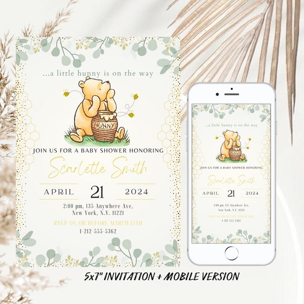 Classic Winnie The Pooh Baby Shower Invitation, Editable Template Greenery Winnie Pooh Baby Shower Party, Gender Neutral Baby Shower Invite