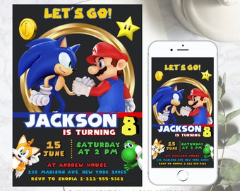 Faire-part d'anniversaire Sonic & Mario, double thème d'invitation, faire-part d'anniversaire de Mario, faire-part Sonic, double invitation, toile imprimable modifiable