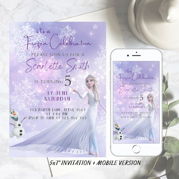 Modèle modifiable d'invitation d'anniversaire La Reine des neiges, princesse Elsa Girl Evite, invitation numérique à une fête d'anniversaire pour les filles, téléchargement immédiat