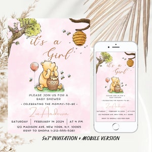 Editable Winnie the Pooh Baby Shower Invitation, Pink Winnie The Pooh Invitation, Digital Invitation Its a Girl, Printable Template
