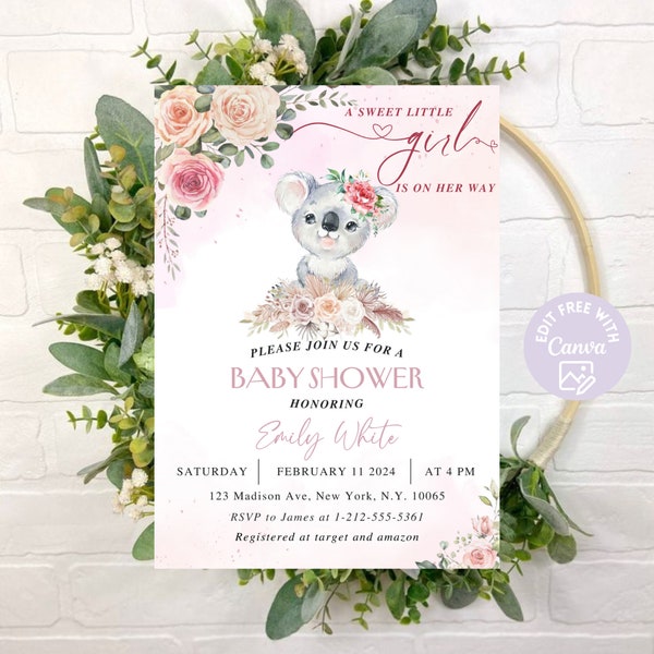 EDITABLE Blush Pink Rose Koala Baby Shower Invitation Girl Baby Koala Invite Printable Template Instant Download