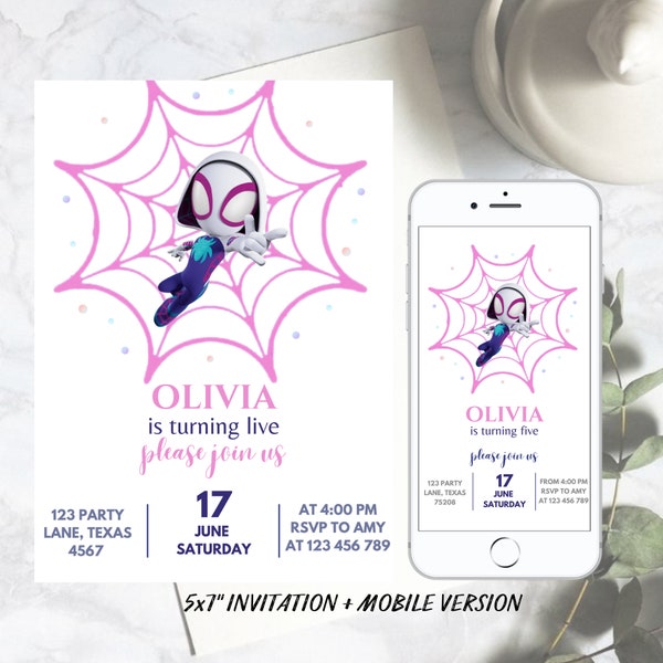 Ghost Spider Birthday Invitation Girl Spidey and his Amazing Friends Invite Gwen Stacy Birthday Party Invitation EDITABLE Instant Download