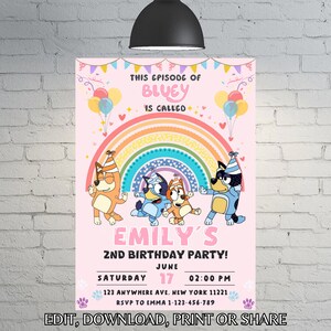 Faire-part d'anniversaire fille Bluey, chien bleu, invitation fille Bluey, fête d'anniversaire filles Bluey evite modèle imprimable modifiable Canva image 2