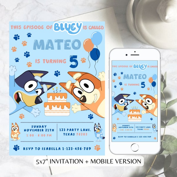 Invitación editable a fiesta de cumpleaños de Bluey, invitación de perro azul, invitación a fiesta de cachorros, plantilla imprimible de Bluey con tema de cachorros Canva BB1