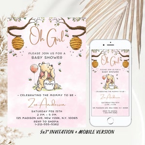 Winnie the Pooh Baby Shower Invitation, Pink Winnie The Pooh Invitation For Girl, Digital Invitation Oh Girl, Editable Printable Template