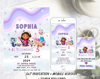 Editable Gabby Dollhouse Birthday Invitation Digital, Gabby Dollhouse Invites, Thank You Tag, Digital Invitation, Girl's Birthday Party