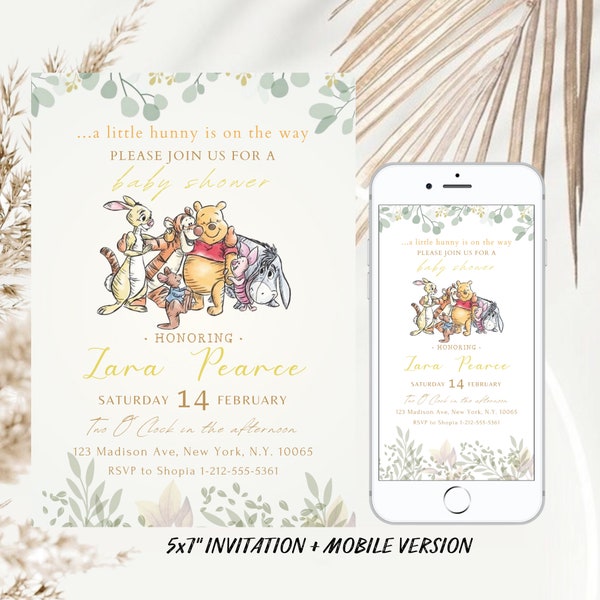 Editable Winnie The Pooh And Friends Baby Shower Invitation, Greenery Winnie Pooh Baby Shower Party, Gender Neutral Baby Shower Invite Canva