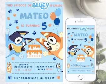 Editable Bluey Birthday Party Invitation, Blue Dog Invitation, Puppies Party Invitation, Puppy Boys Theme Bluey Printable Template Canva BB1