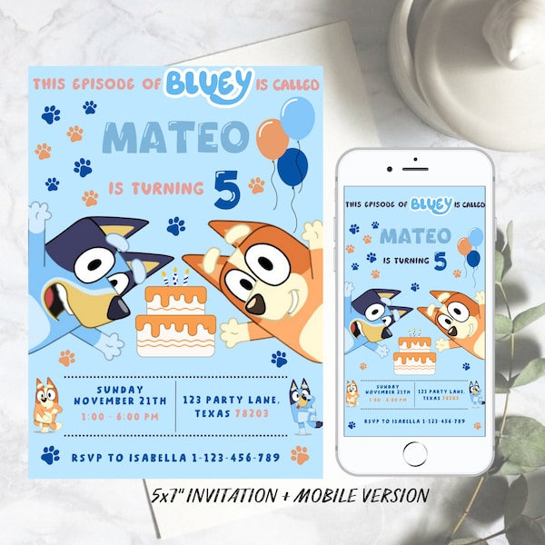 Editable Bluey Birthday Party Invitation, Blue Dog Invitation, Puppies Party Invitation, Puppy Boys Theme Bluey Printable Template Canva BB1