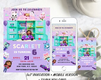 Invitation d'anniversaire modifiable Gabby Dollhouse numérique, invitations Gabby Dollhouse, étiquette de remerciement, Invitation numérique, fête d'anniversaire de fille