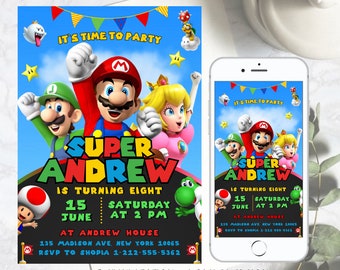 Mario Bros Invitation, Super Mario Birthday Invitation, Super Brothers Boy Invite, Mario Kid Invite, Video Game, Editable Printable Canva